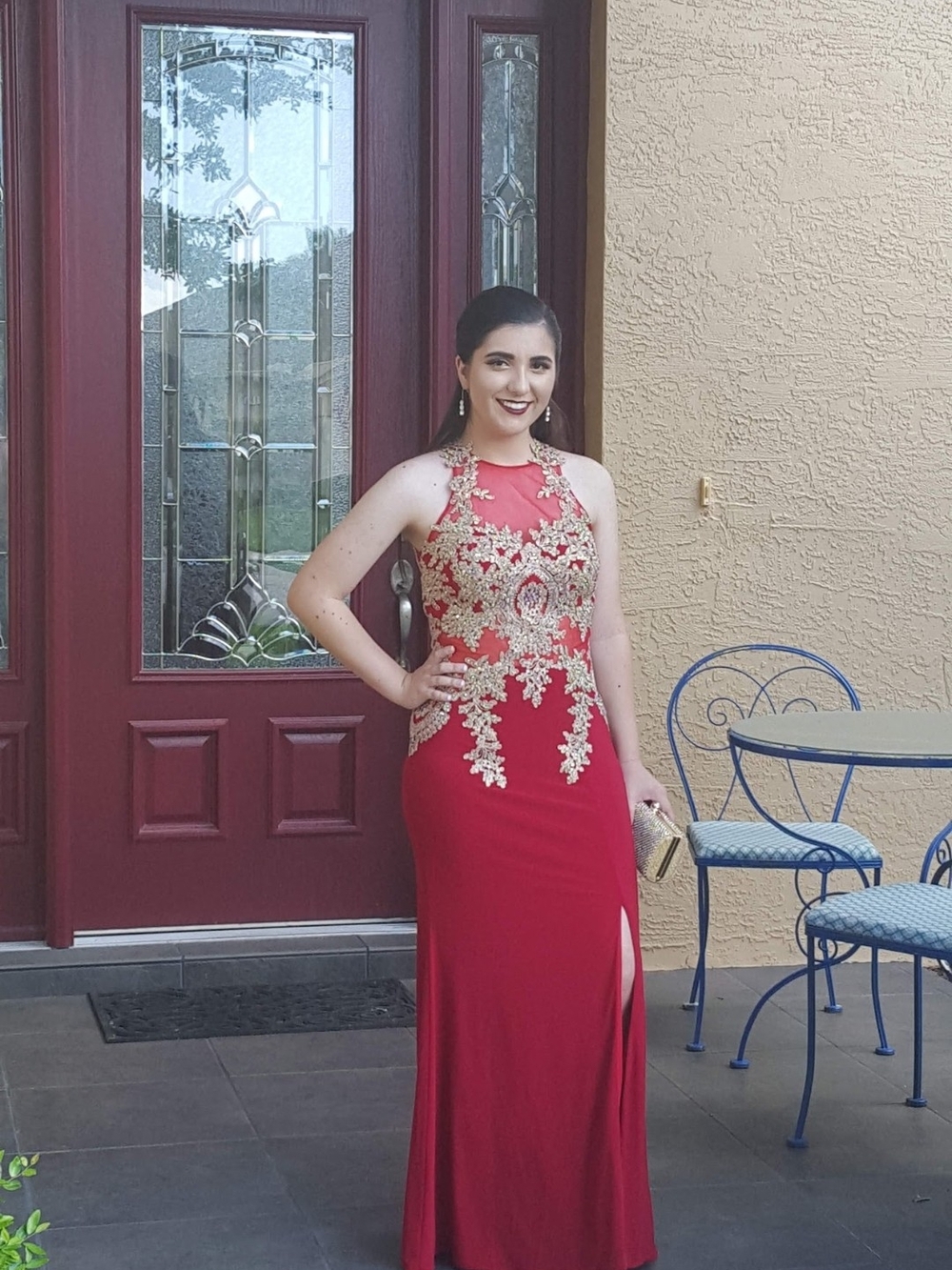 Red And Gold Formal Gown With Slit Size 7/8 Dave And Johnny Brand Worn Once